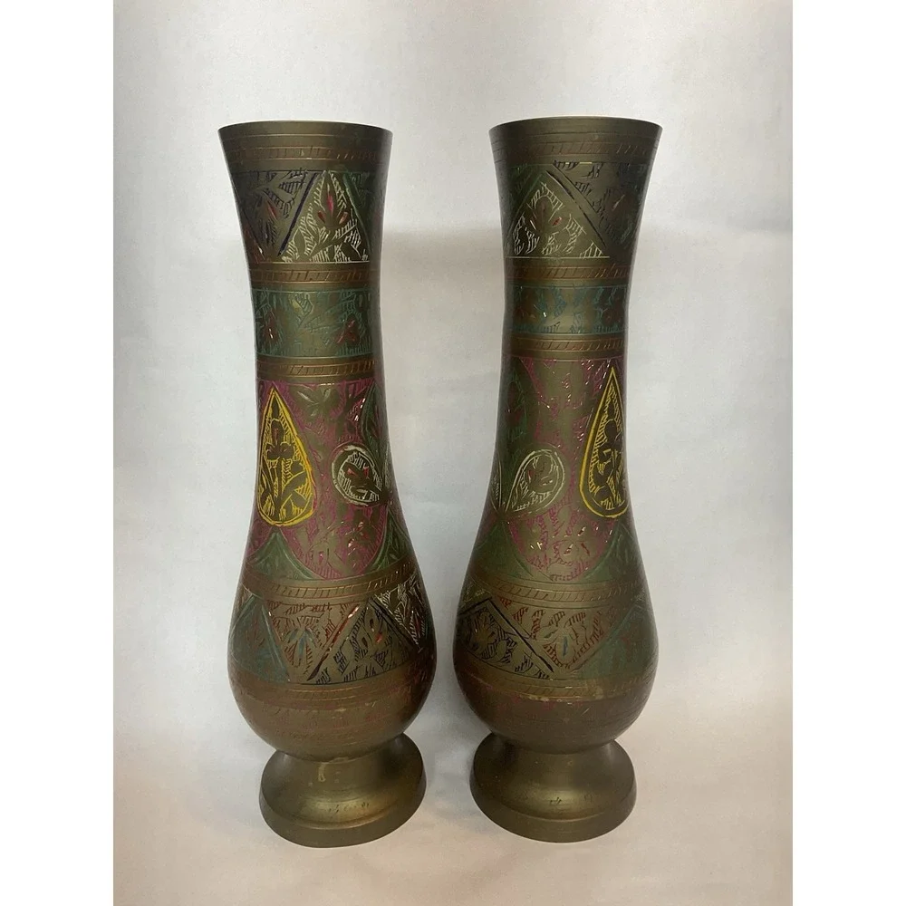 Vtg Brass Hand Etched Multicolored Flower Bud Vases Set of 2 Made In India 12